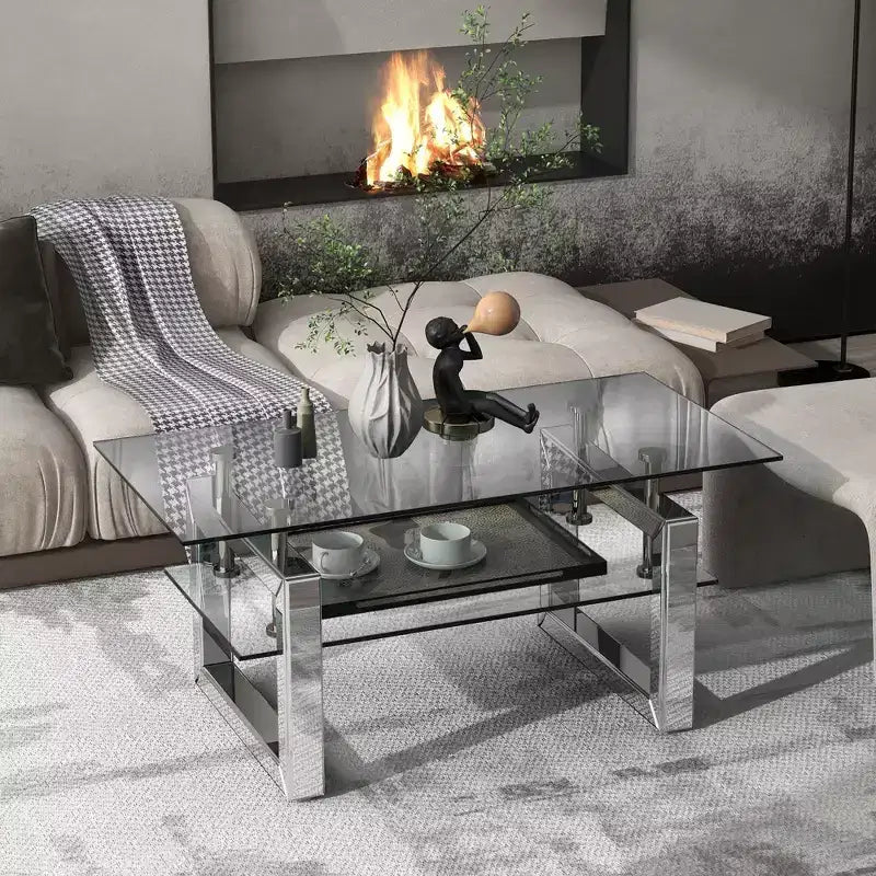 TUYOHW 39.4 2-Tier Coffee Table with Transparent Tempered Glass Top,Industrial Center Table with Metal Legs,Accetn Table for Living Room
