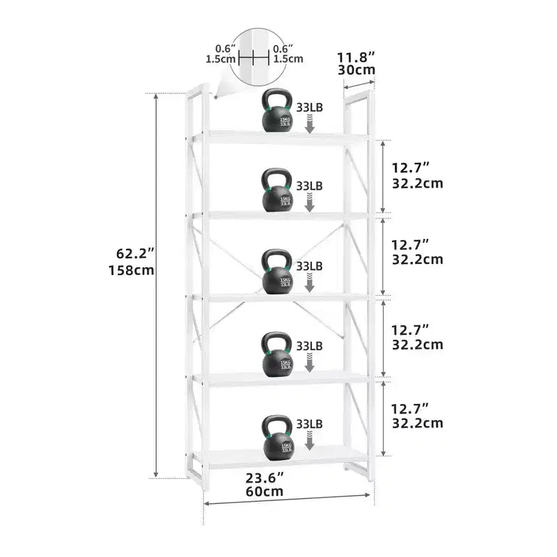 5 Tier Industrial Bookshelf Bookcase Storage Wood Rack Display Home Living Room