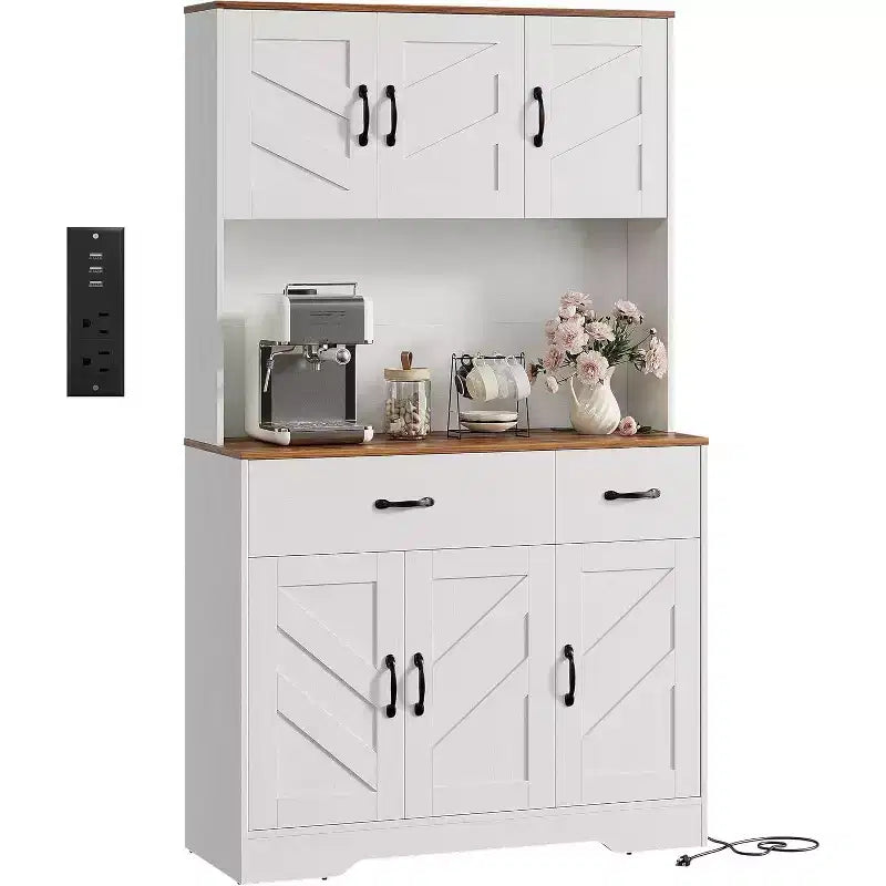 Acekool White 71 Kitchen Pantry Cabinet with Charging Station, Drawer & Adjustable Shelves, Farmhouse Storage for Dining or Living Room