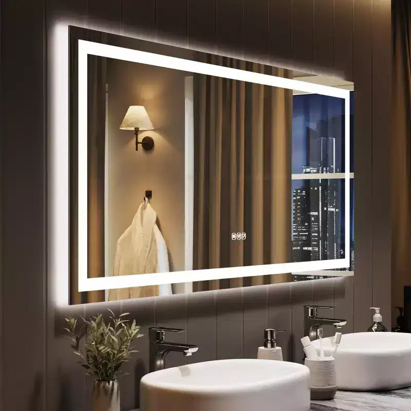 Bathroom Mirror with Lights, Dimmable, Anti-Fog, Backlit + Front Lit, Lighted Bathroom Vanity Mirror for Wall, Memory Function, Shatter-Proof