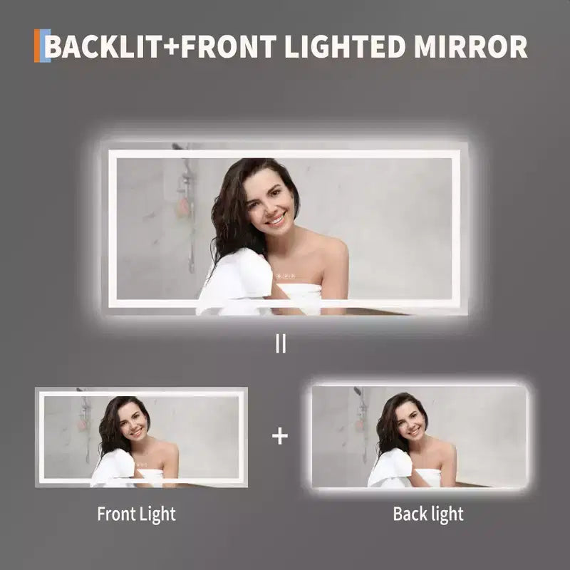 Bathroom Mirror with Lights, Dimmable, Anti-Fog, Backlit + Front Lit, Lighted Bathroom Vanity Mirror for Wall, Memory Function, Shatter-Proof