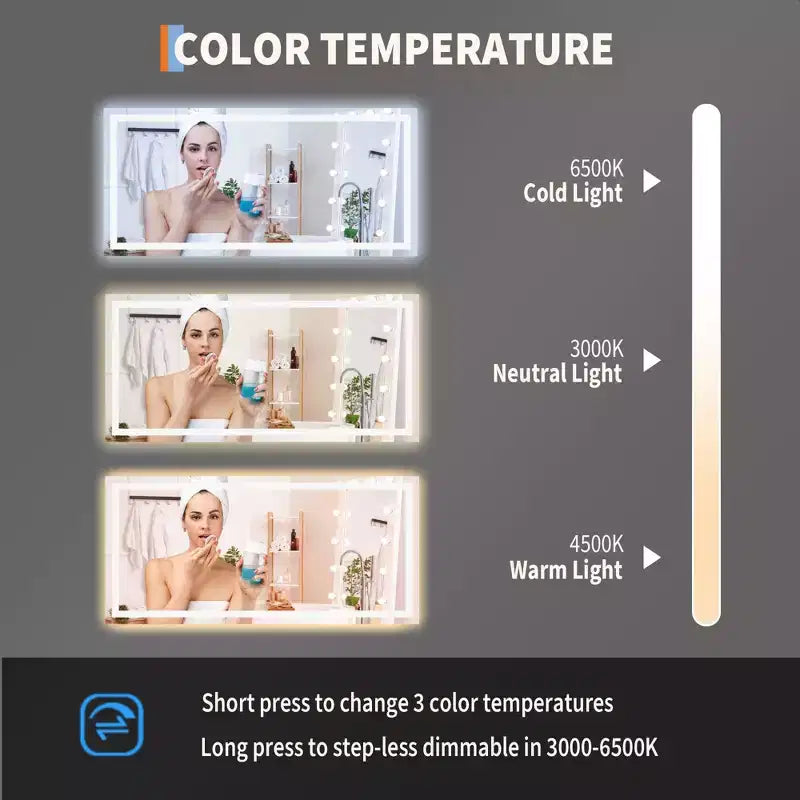Bathroom Mirror with Lights, Dimmable, Anti-Fog, Backlit + Front Lit, Lighted Bathroom Vanity Mirror for Wall, Memory Function, Shatter-Proof