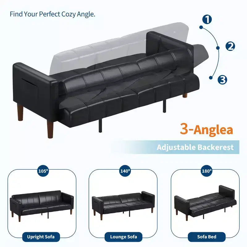 75'' PU Leather Futon Sofa Bed, Convertible Loveseat, Adjustable Backrest, Side Pockets, Space-Saving Sleeper Sofa for Small Spaces