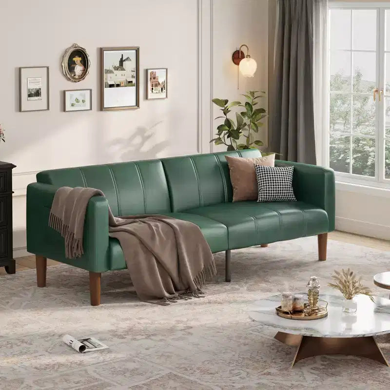 75'' PU Leather Futon Sofa Bed, Convertible Loveseat, Adjustable Backrest, Side Pockets, Space-Saving Sleeper Sofa for Small Spaces