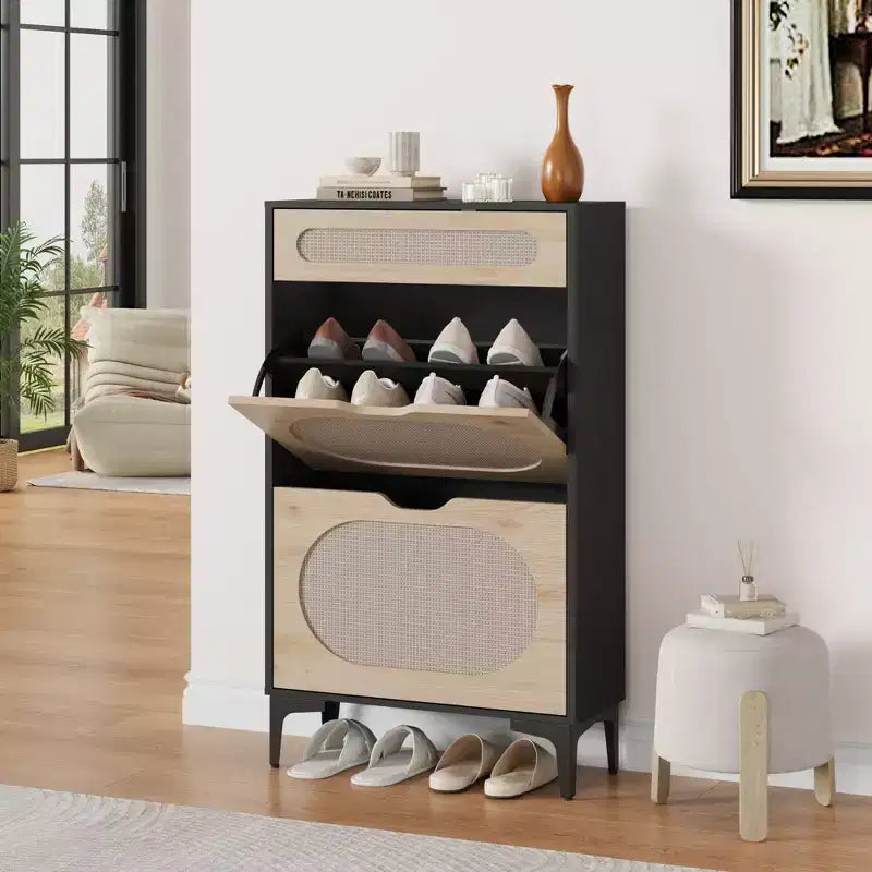 Rattan Shoe Cabinet, Shoe Organizer with 2 Flip Drawers & 1 Drawer, Hidden Slim Shoe Sotrage for Front Door Entrance