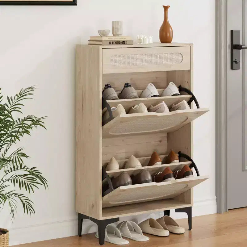 Rattan Shoe Cabinet, Shoe Organizer with 2 Flip Drawers & 1 Drawer, Hidden Slim Shoe Sotrage for Front Door Entrance