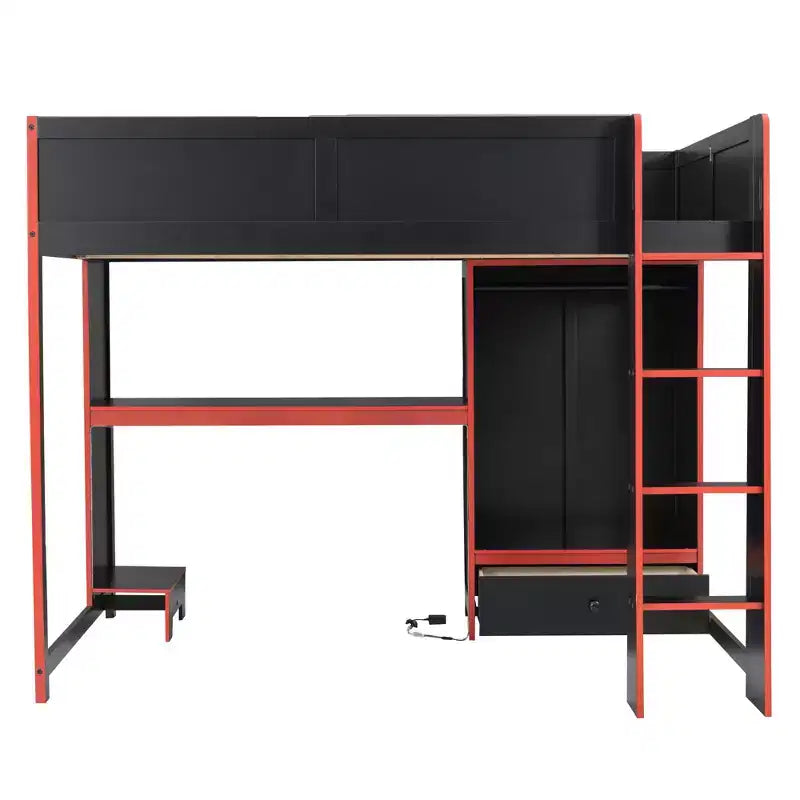 Luxystar Full Size Wood Gaming Loft Bed with Built-in Desk, Wardrobe, LED and Drawer, Black+Red