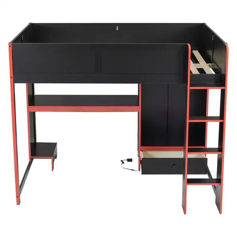 Luxystar Full Size Wood Gaming Loft Bed with Built-in Desk, Wardrobe, LED and Drawer, Black+Red