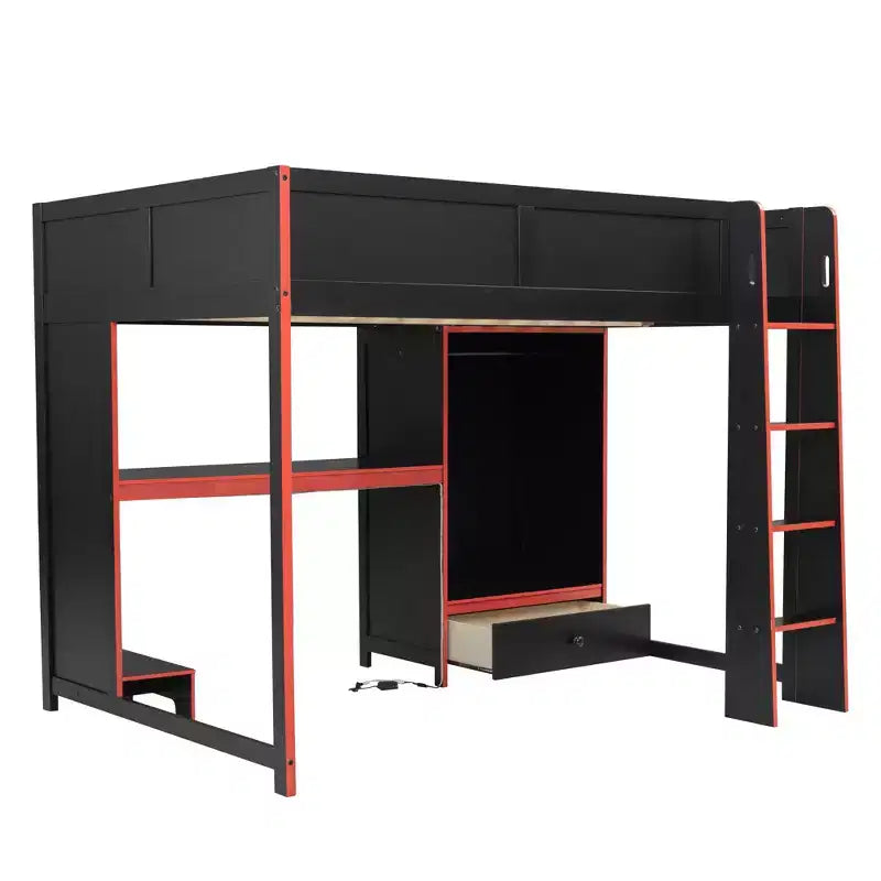 Luxystar Full Size Wood Gaming Loft Bed with Built-in Desk, Wardrobe, LED and Drawer, Black+Red