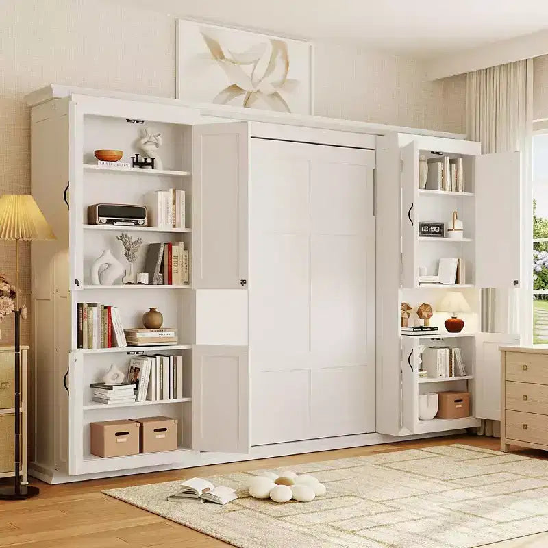 Polibi Full Concealed Murphy Bed Wall System with Dual Sliding 6-Tier Cabinets
