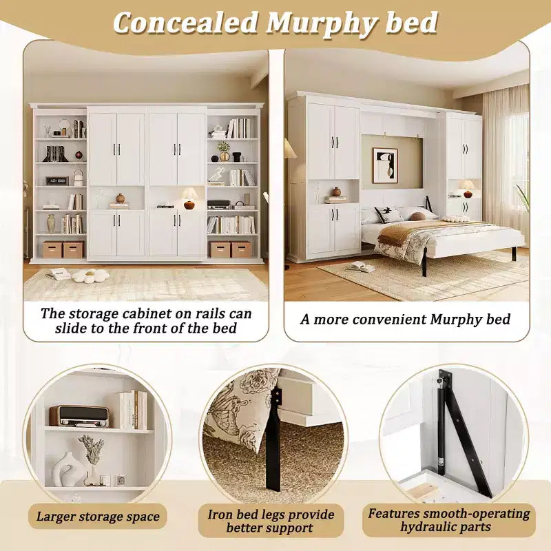 Polibi Full Concealed Murphy Bed Wall System with Dual Sliding 6-Tier Cabinets