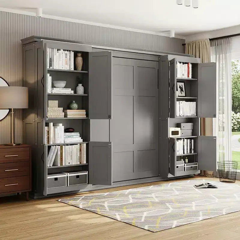 Polibi Full Concealed Murphy Bed Wall System with Dual Sliding 6-Tier Cabinets