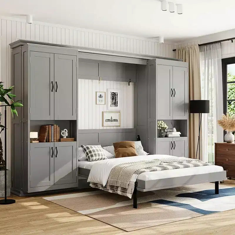Polibi Full Concealed Murphy Bed Wall System with Dual Sliding 6-Tier Cabinets