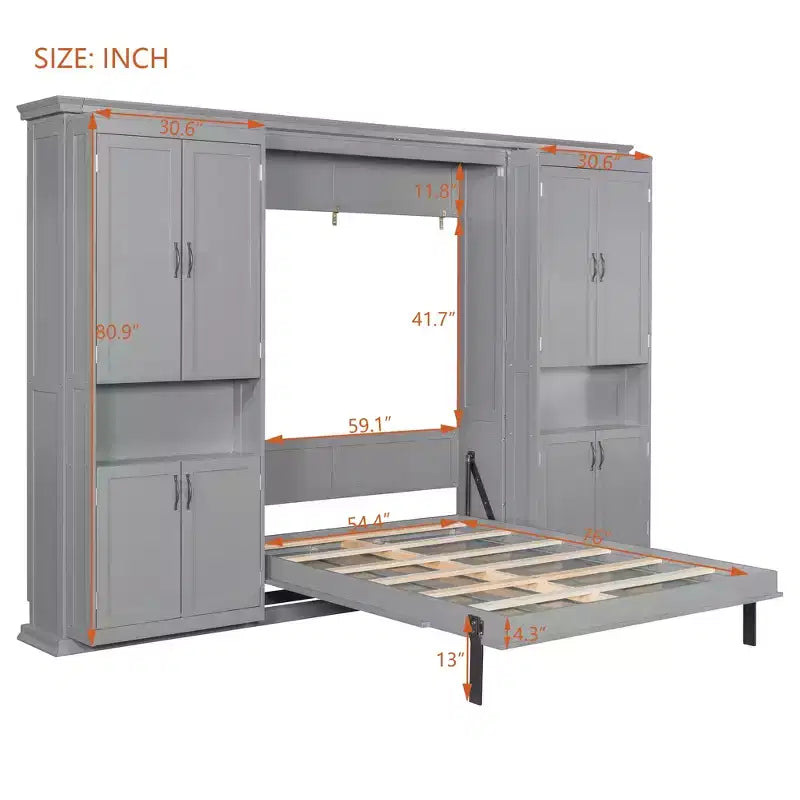 Polibi Full Concealed Murphy Bed Wall System with Dual Sliding 6-Tier Cabinets