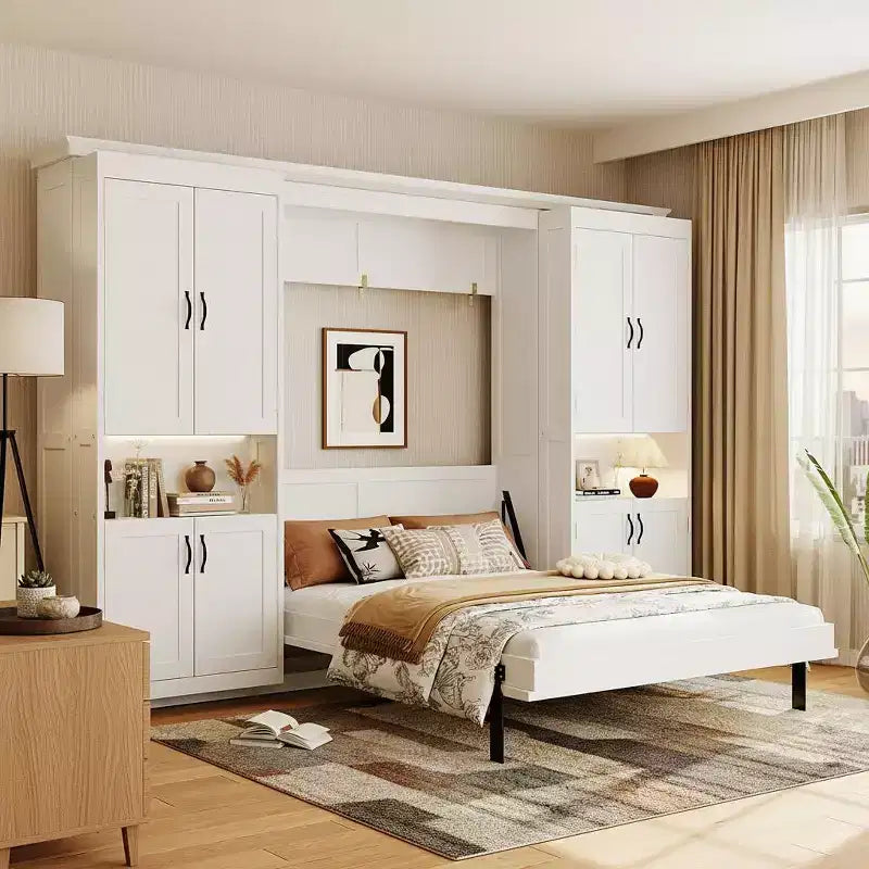 Polibi Full Concealed Murphy Bed Wall System with Dual Sliding 6-Tier Cabinets