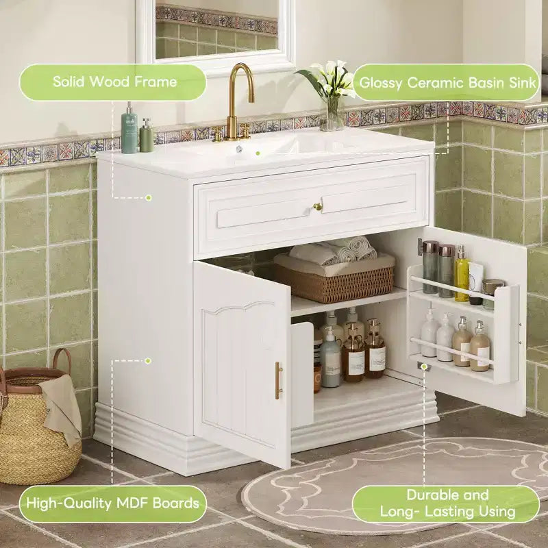 36 Bathroom Vanity Sink Combo with Storage, Wood Bathroom Cabinet with Soft Closing Doors and Shelf