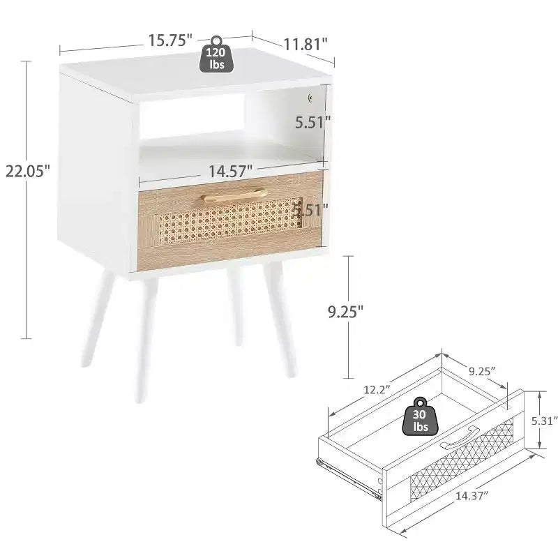 TUYOHW 15.75 Rattan Nightstand with Woven Drawer,Accent End Table with Open Shelf,Wood Side Table for Living Room,Bedroom