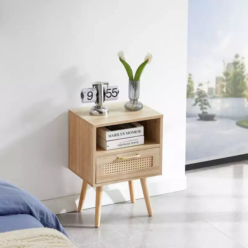TUYOHW 15.75 Rattan Nightstand with Woven Drawer,Accent End Table with Open Shelf,Wood Side Table for Living Room,Bedroom