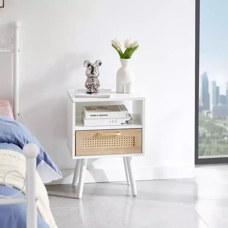 TUYOHW 15.75 Rattan Nightstand with Woven Drawer,Accent End Table with Open Shelf,Wood Side Table for Living Room,Bedroom