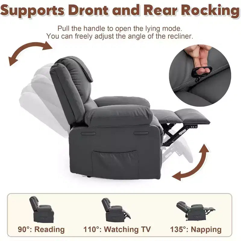 Acekool Manual Recliner Chair, Massage & Heat, 135 Adjustable, Side Pockets, for Living Room & Bedroom