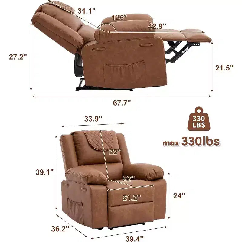 Acekool Manual Recliner Chair, Massage & Heat, 135 Adjustable, Side Pockets, for Living Room & Bedroom