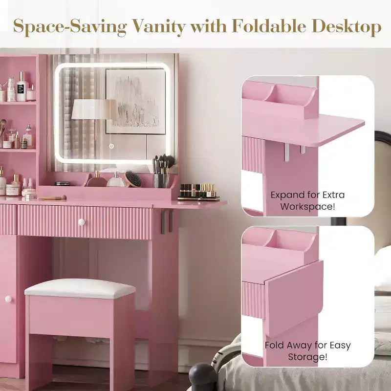 Makeup Vanity with Light and Mirror, Vanity Desk Foldable Desktop, Power Strip, Adjustable Lighting, Drawers and Cushioned Stool