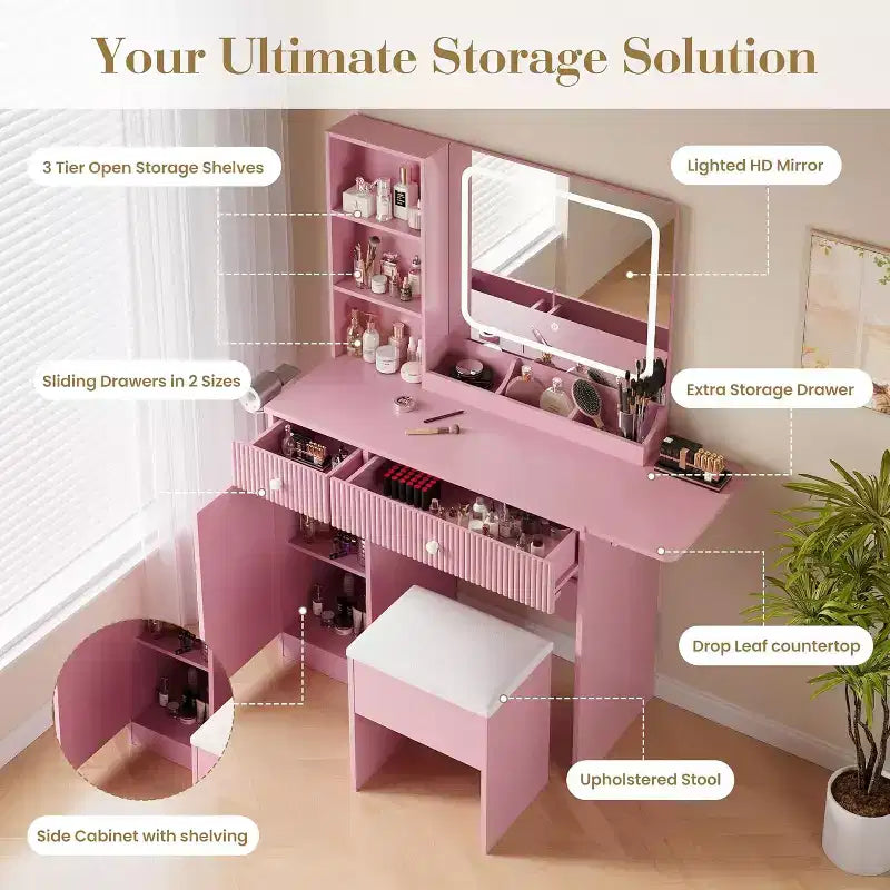 Makeup Vanity with Light and Mirror, Vanity Desk Foldable Desktop, Power Strip, Adjustable Lighting, Drawers and Cushioned Stool