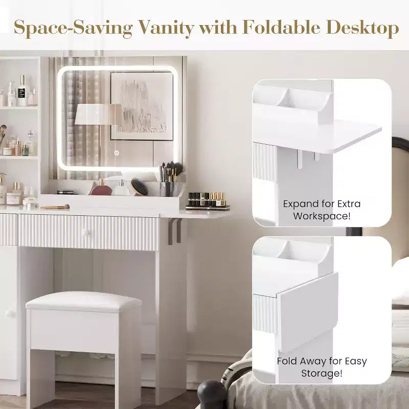 Makeup Vanity with Light and Mirror, Vanity Desk Foldable Desktop, Power Strip, Adjustable Lighting, Drawers and Cushioned Stool