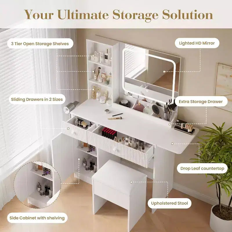 Makeup Vanity with Light and Mirror, Vanity Desk Foldable Desktop, Power Strip, Adjustable Lighting, Drawers and Cushioned Stool