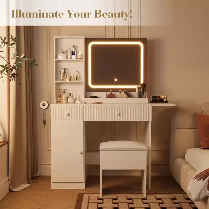Makeup Vanity with Light and Mirror, Vanity Desk Foldable Desktop, Power Strip, Adjustable Lighting, Drawers and Cushioned Stool