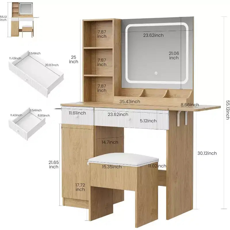 Makeup Vanity with Light and Mirror, Vanity Desk Foldable Desktop, Power Strip, Adjustable Lighting, Drawers and Cushioned Stool