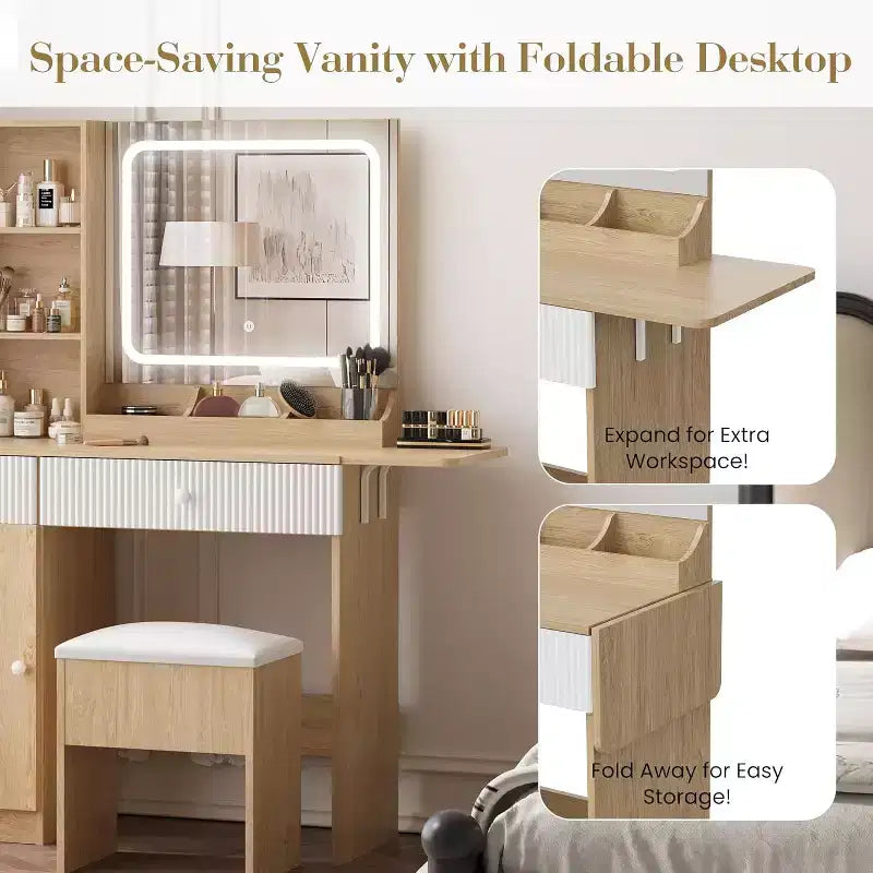 Makeup Vanity with Light and Mirror, Vanity Desk Foldable Desktop, Power Strip, Adjustable Lighting, Drawers and Cushioned Stool