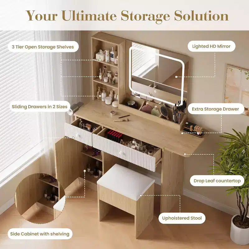Makeup Vanity with Light and Mirror, Vanity Desk Foldable Desktop, Power Strip, Adjustable Lighting, Drawers and Cushioned Stool