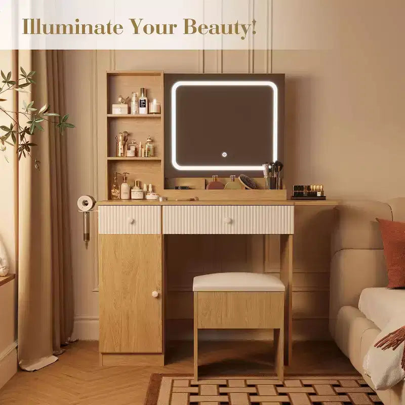 Makeup Vanity with Light and Mirror, Vanity Desk Foldable Desktop, Power Strip, Adjustable Lighting, Drawers and Cushioned Stool