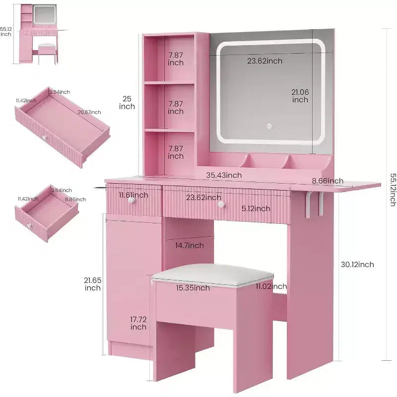 Makeup Vanity with Light and Mirror, Vanity Desk Foldable Desktop, Power Strip, Adjustable Lighting, Drawers and Cushioned Stool