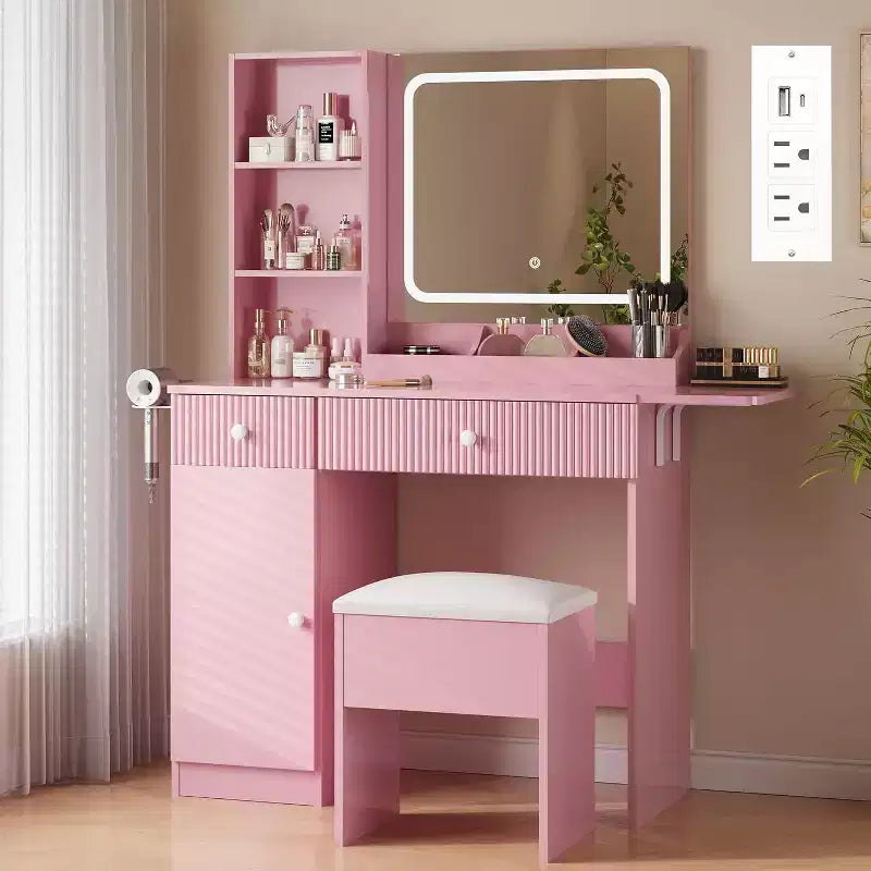 Makeup Vanity with Light and Mirror, Vanity Desk Foldable Desktop, Power Strip, Adjustable Lighting, Drawers and Cushioned Stool