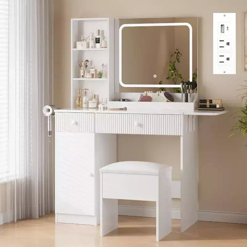 Makeup Vanity with Light and Mirror, Vanity Desk Foldable Desktop, Power Strip, Adjustable Lighting, Drawers and Cushioned Stool