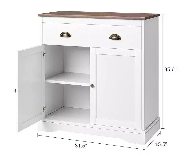 Farmhouse White Buffet Cabinet with Storage, Kitchen Sideboard with 2 Doors and 2 Drawers, Wooden Coffee Bar Cabinet for Dining Room, Living Room