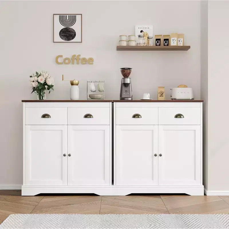 Farmhouse White Buffet Cabinet with Storage, Kitchen Sideboard with 2 Doors and 2 Drawers, Wooden Coffee Bar Cabinet for Dining Room, Living Room