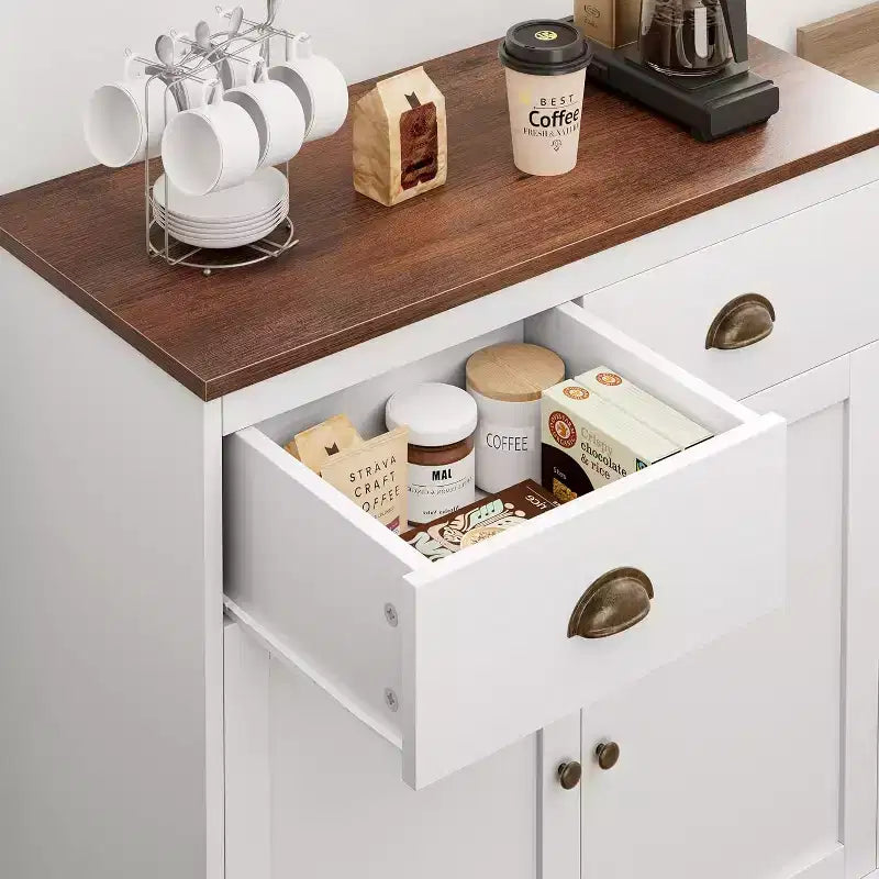 Farmhouse White Buffet Cabinet with Storage, Kitchen Sideboard with 2 Doors and 2 Drawers, Wooden Coffee Bar Cabinet for Dining Room, Living Room