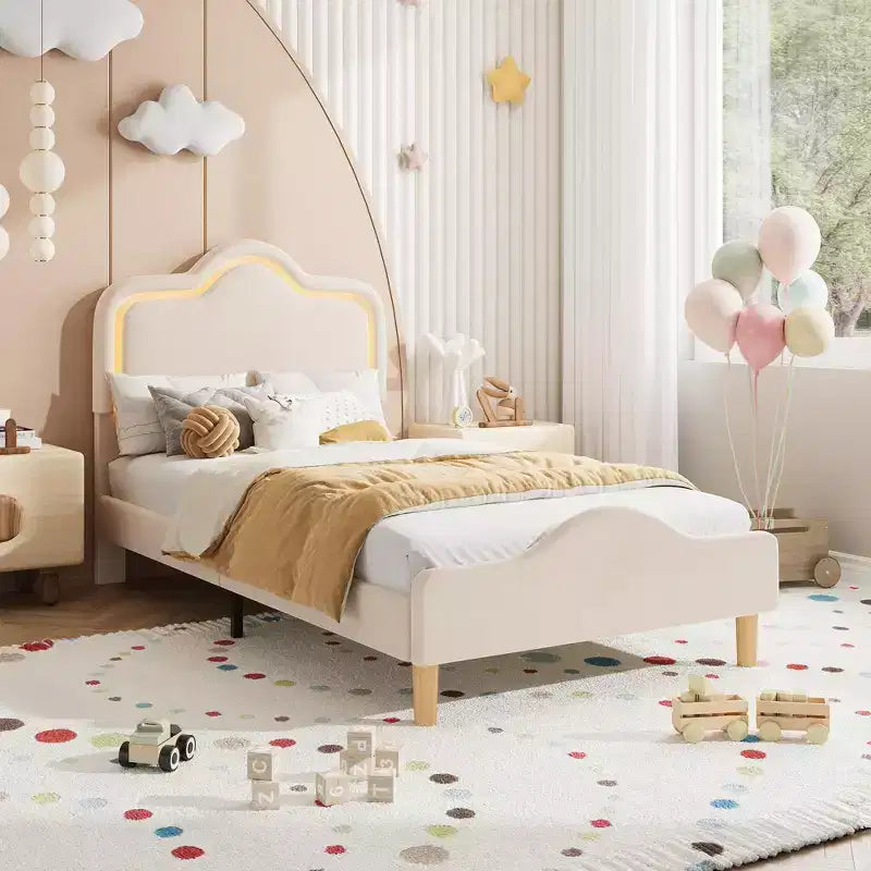 All Size Bed Frame with Adjustable LED Headboard and Footboard, Velvet Upholstered Princess Platform Bedframe for Kids, No Box Spring Needed