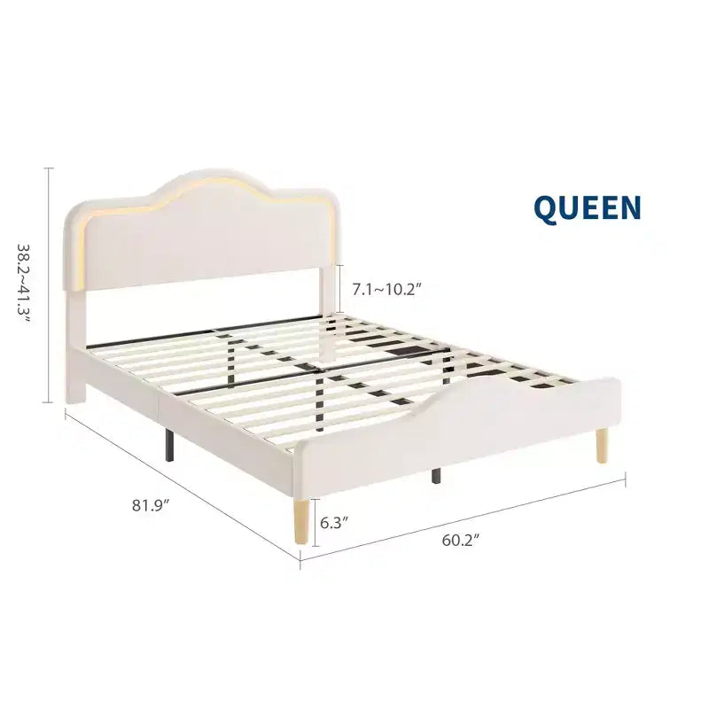 All Size Bed Frame with Adjustable LED Headboard and Footboard, Velvet Upholstered Princess Platform Bedframe for Kids, No Box Spring Needed