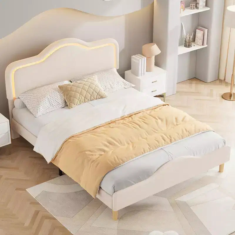 All Size Bed Frame with Adjustable LED Headboard and Footboard, Velvet Upholstered Princess Platform Bedframe for Kids, No Box Spring Needed