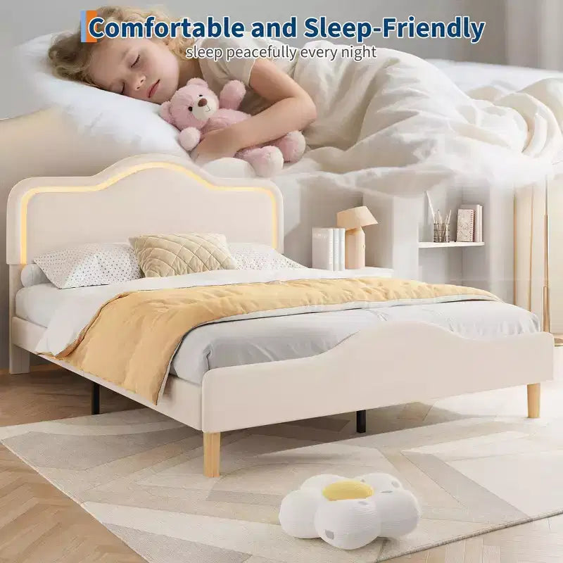 All Size Bed Frame with Adjustable LED Headboard and Footboard, Velvet Upholstered Princess Platform Bedframe for Kids, No Box Spring Needed