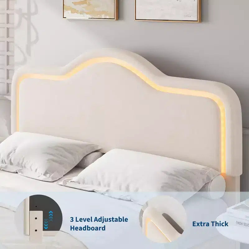All Size Bed Frame with Adjustable LED Headboard and Footboard, Velvet Upholstered Princess Platform Bedframe for Kids, No Box Spring Needed