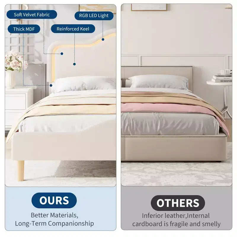 All Size Bed Frame with Adjustable LED Headboard and Footboard, Velvet Upholstered Princess Platform Bedframe for Kids, No Box Spring Needed