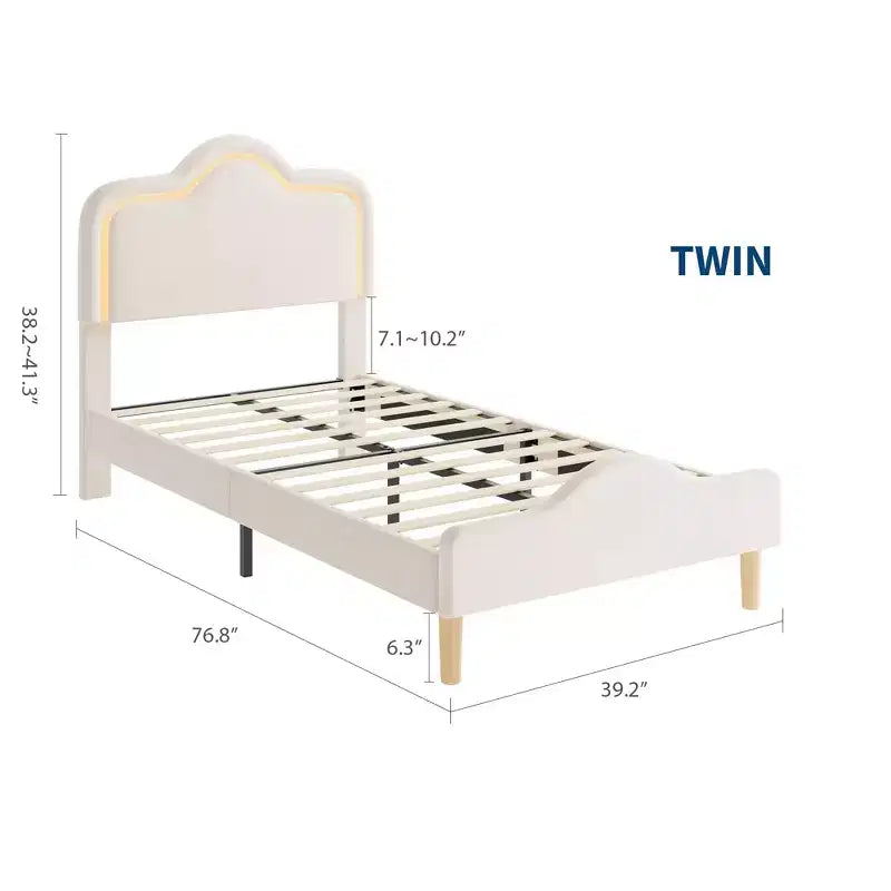 All Size Bed Frame with Adjustable LED Headboard and Footboard, Velvet Upholstered Princess Platform Bedframe for Kids, No Box Spring Needed