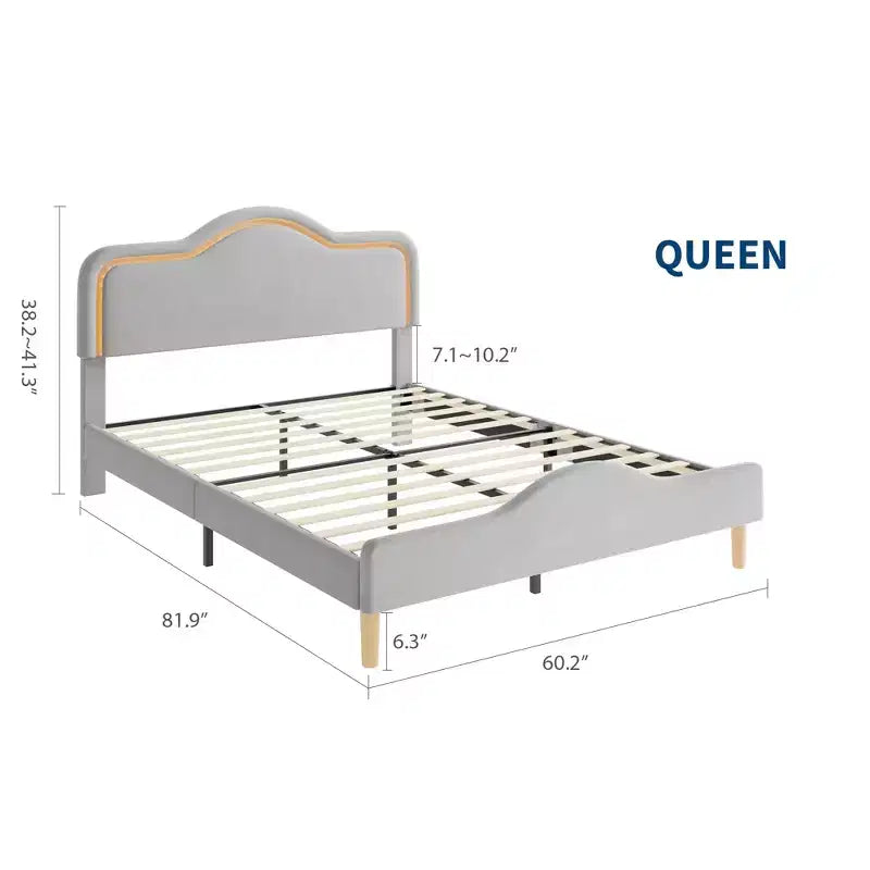 All Size Bed Frame with Adjustable LED Headboard and Footboard, Velvet Upholstered Princess Platform Bedframe for Kids, No Box Spring Needed