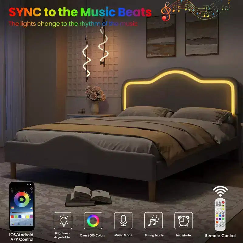 All Size Bed Frame with Adjustable LED Headboard and Footboard, Velvet Upholstered Princess Platform Bedframe for Kids, No Box Spring Needed