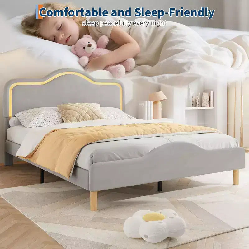 All Size Bed Frame with Adjustable LED Headboard and Footboard, Velvet Upholstered Princess Platform Bedframe for Kids, No Box Spring Needed